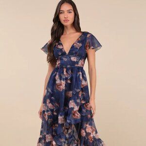 LULUS CULTIVATED ADORATION NAVY FLORAL BACKLESS HIGH-LOW MIDI DRESS SIZE MEDIUM